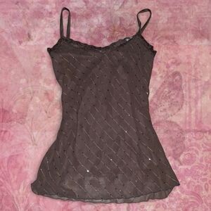 VINTAGE BROWN CAMI Y2K Fairycore Sequin Lace Trim